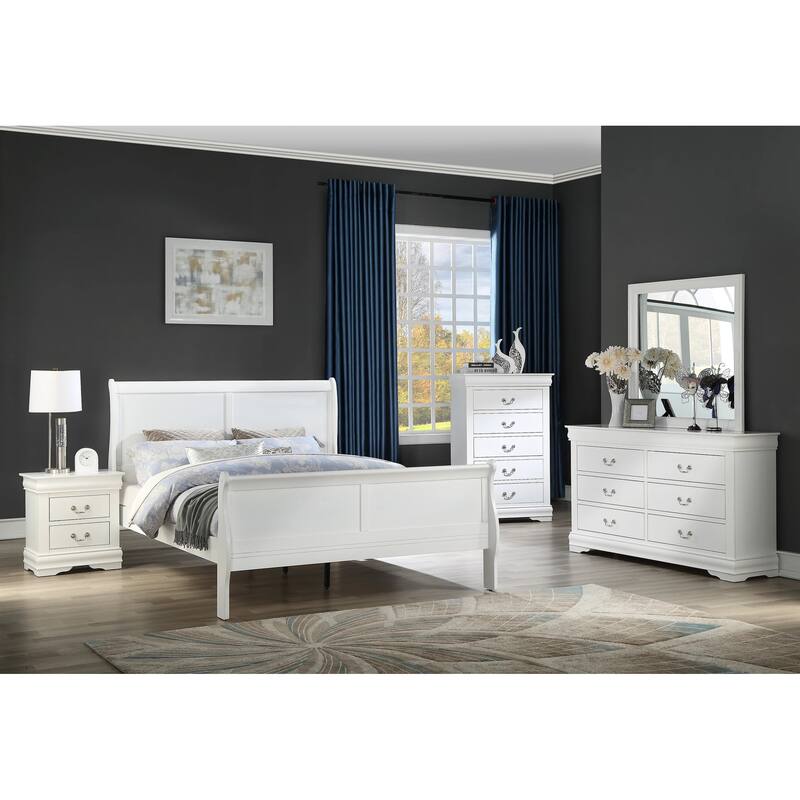 White Finish Queen Size Panel Sleigh Bed Solid Wood Bedroom Furniture