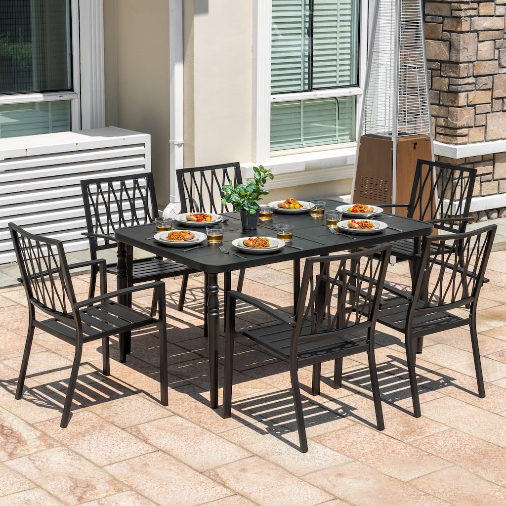 Patio Metal Dining Set with 6 Stackable Chairs and Umbrella Hole, Black