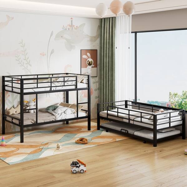 slide 2 of 24, Metal Twin Size Triple Bunk Bed with Trundle and Guardrail Antique Black