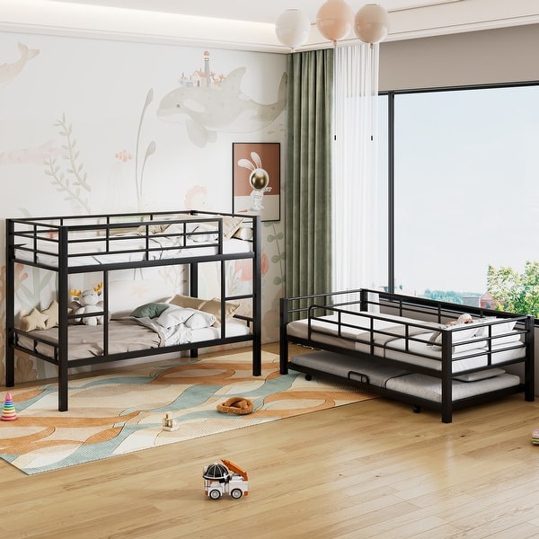 slide 2 of 20, Metal Twin Triple Bunk Bed with Trundle & Guardrails, Black Black