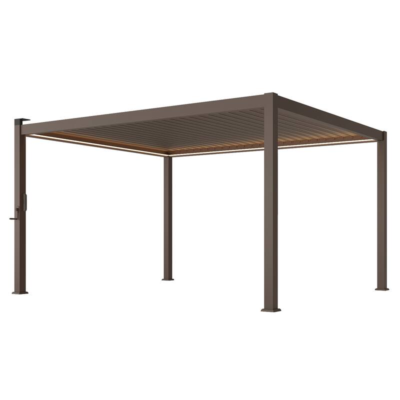 BONOSUKI Outdoor Aluminized Steel LED Louvered Pergola with Adjustable Roof, Brown