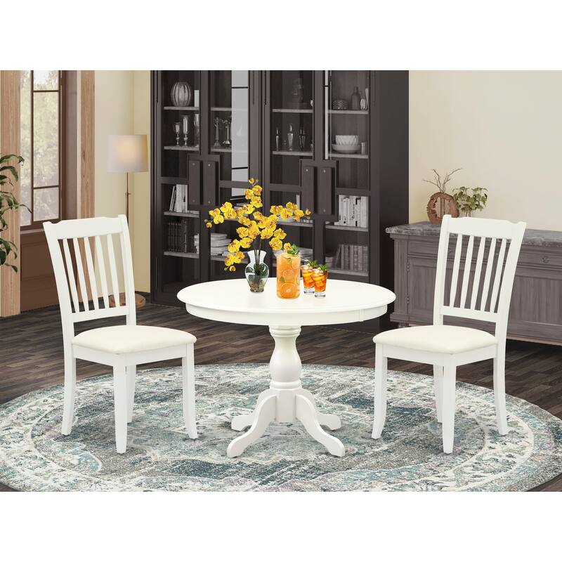 East West Furniture 3 Piece Modern Dining Table Set- a Round Table and 2 Dining Chairs, (Finish & Seat Options)