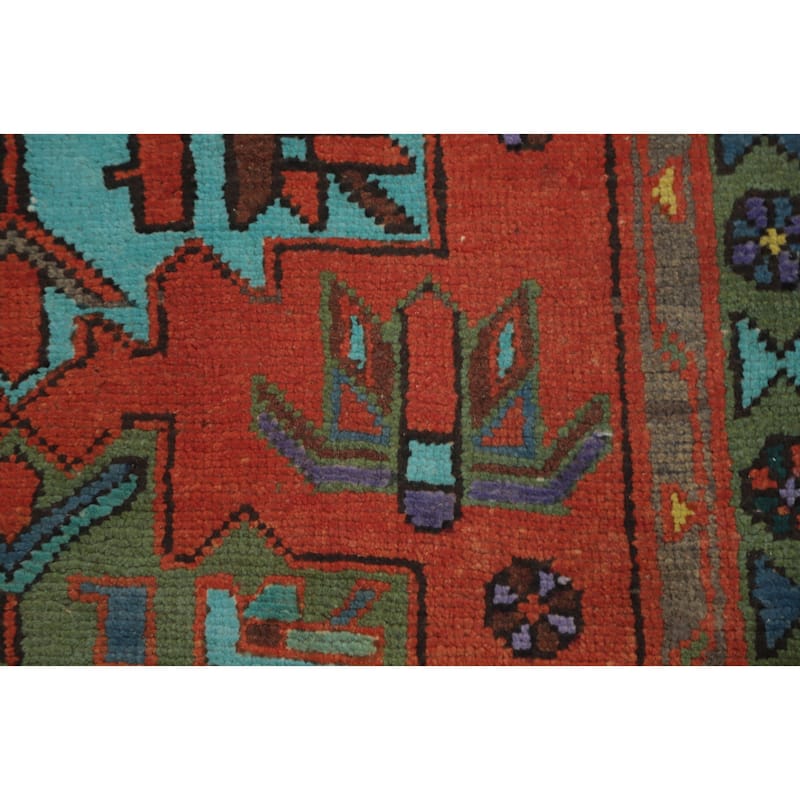 Hand Knotted Oriental 100% Wool Carpet Traditional Geometric Oranges & Rust Heriz Runner Rug - 9' 10'' X 3' 1''