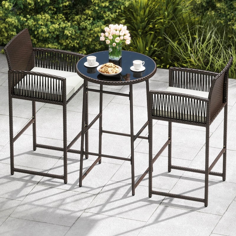 Costway 3 Piece Wicker Patio Bar Set with 2 Seat Cushions Glass - See Details