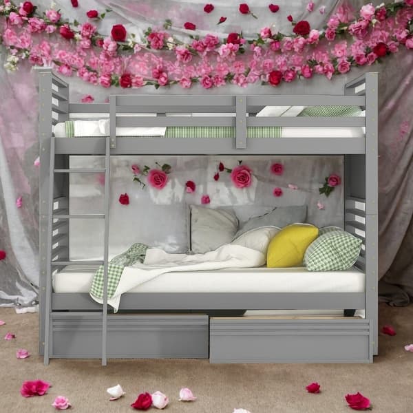 slide 2 of 58, Multifunction Twin over Twin Wood Bunk Bed With Two Drawers and Solid Wood Grey