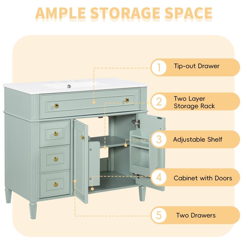 Roomfitters 36" Bathroom Vanity with Sink, Solid Wood Frame, Flip-Out Drawer, 3 Drawers & Soft-Close Doors