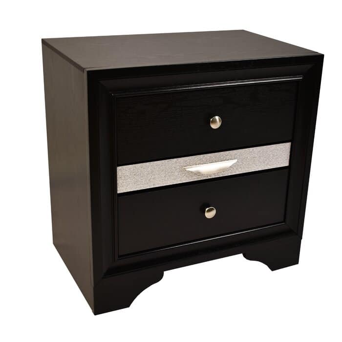 Traditional Black Wood Nightstand with Two Drawers, Acacia Wood, Dovetail Joints