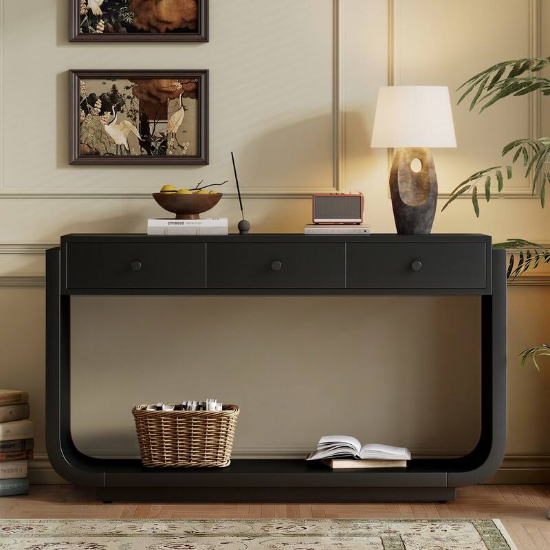 Mid-Century Modern Console Table with 3 Storage Drawers and Display Shelf for Entryway or Living Room Use