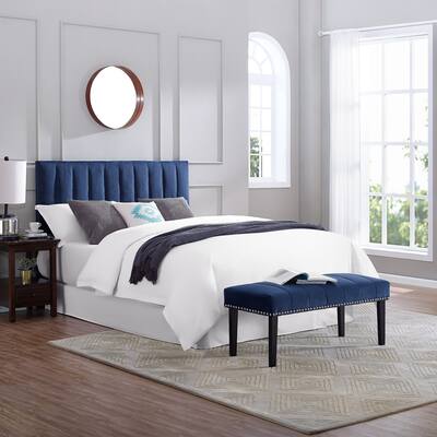 Sapphire Blue Velvet Upholstered Queen Channeled Headboard & Bench Set