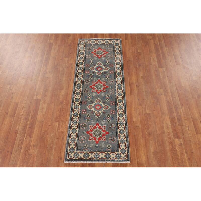 Geometric Grey Kazak Oriental Runner Rug Hand-Knotted Wool Carpet - 2'2" x 5'11"