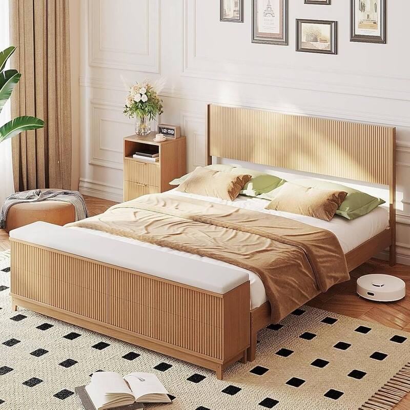 Natural Oak Wood Platform Bed Frame with Built-in Footboard Storage Bench,4 Drawers,Headboard,Heavy duty,No Box Spring Needed - Full