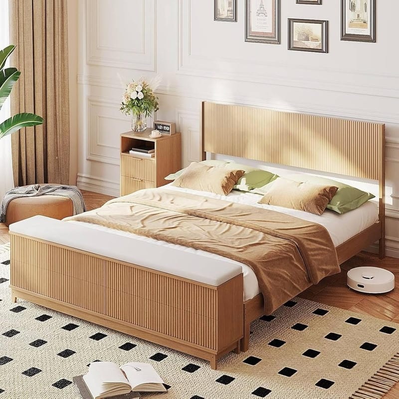 Natural Oak Wood Platform Bed Frame with Built-in Footboard Storage Bench,4 Drawers,Headboard,Heavy duty,No Box Spring Needed