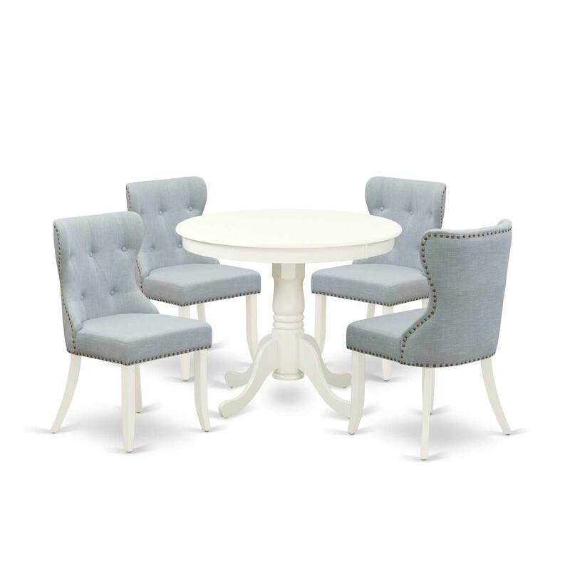 HomeStock 5-Piece Round Linen White Finish Solid Wood Top Dining table with 4 Chairs with Lattice Back