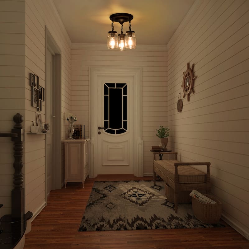 Farmhouse 3-Light Mason Jar Glass Semi Flush Mount Ceiling Light - D11.8"*H13"
