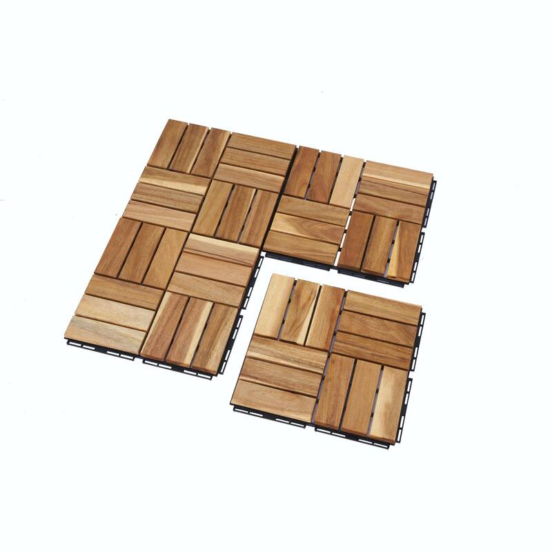 12" x 12" Square Yellow Acacia Hardwood Interlocking Deck Tiles Checker Pattern for Patio, Balcony, Poolside