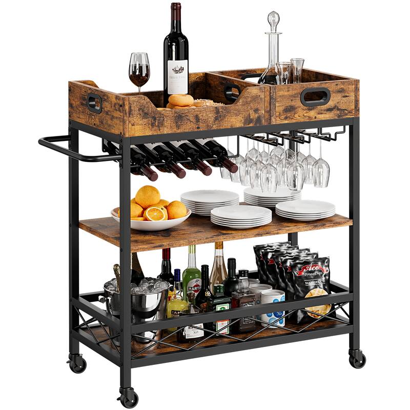 Bar Cart, 3 Tier Bar Carts for The Home,Grey Bar Cart with Wheels, Two Portable Trays, Wine Rack, Glasses Holder