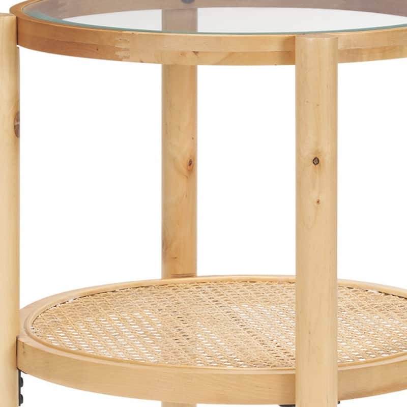 HomeRoots 24" Clear and Light Brown Glass and Solid Wood Round End Table With Shelf - 21.5' X '24' X '21.5
