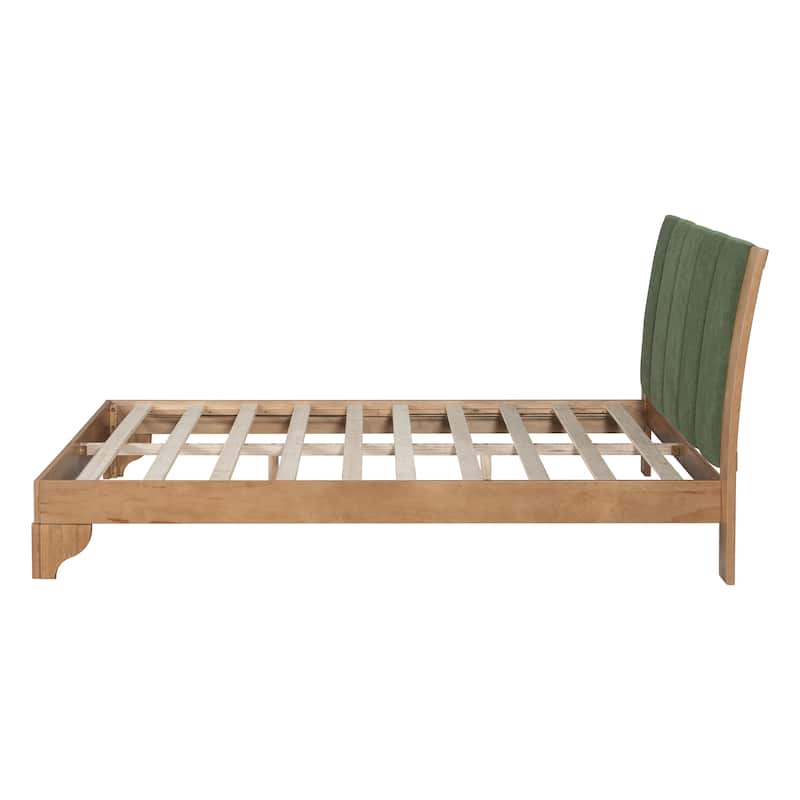 Pine Wood Bed Frame Mid Century Modern Platform Bed with Green Upholstered Headboard, Wood Slat Support Low Profile Wingback Bed