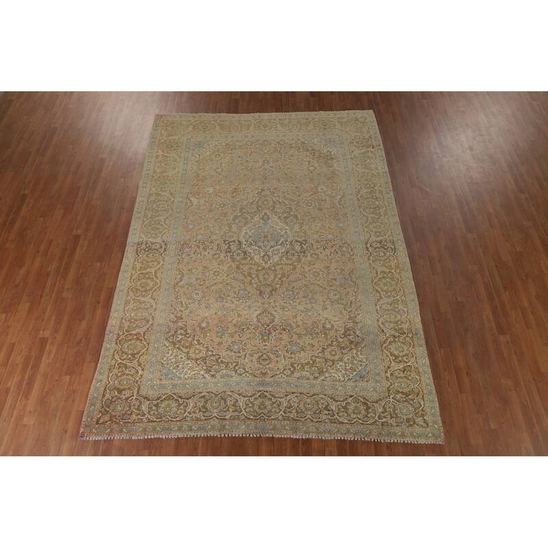 Kashan Vintage Persian Rug Hand-Knotted Traditional Muted Wool Carpet - 8'0" x 11'0"