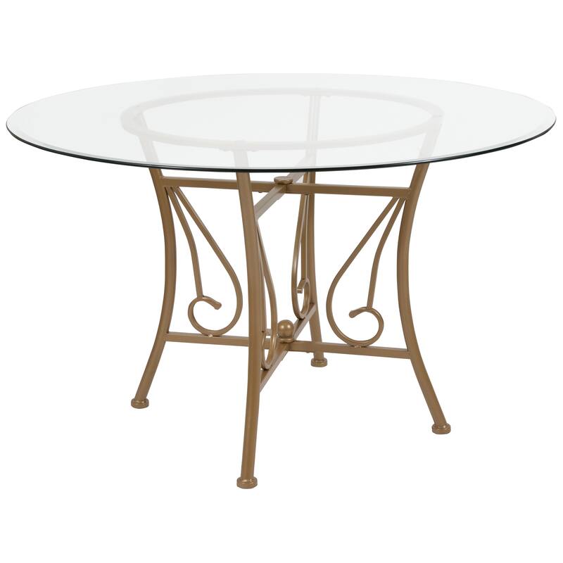 48'' Round Glass Dining Table with Curl Accent Matte Metal Frame - 48"W x 48"D x 29"H - 48"W x 48"D x 29"H