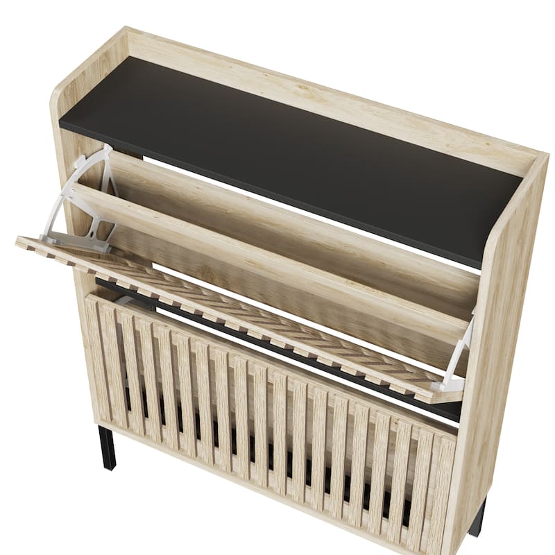 Shoe Storage Cabinet with 2 Fluted Flip Doors, Freestanding Entryway Organizer, Slim Shoe Rack with Metal Legs