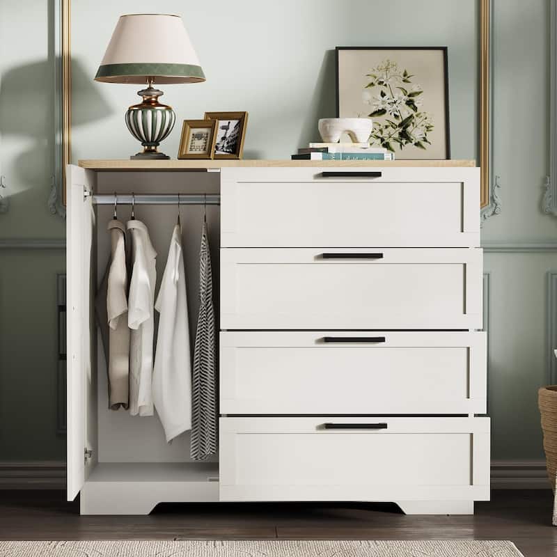 Wood Armoire Wardrobe Closet with 4 Drawers and Door, 43.3" H Bedroom Wardrobe Cabinet with Hanging Rod - White