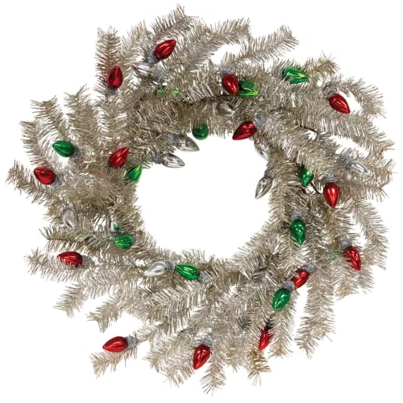 Silver Holiday Bulbs Wreath 24 Inch Christmas Wall Decoration - Silver-Red-Green