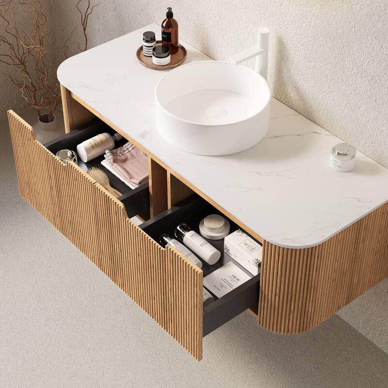 GDFStudio - Dina Modern 48" Floating Bathroom Vanity with Striped Curved Drawers & White Round Ceramic Basin, WITHOUT Faucet - Natural Wood