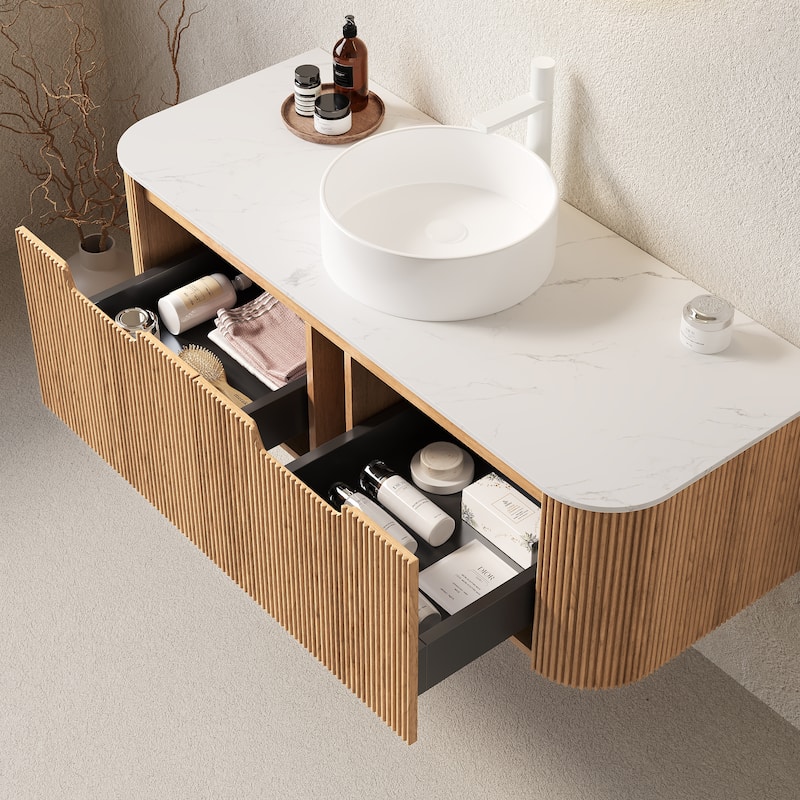 GDFStudio - Dina Modern 48" Floating Bathroom Vanity with Striped Curved Drawers & White Round Ceramic Basin, WITHOUT Faucet