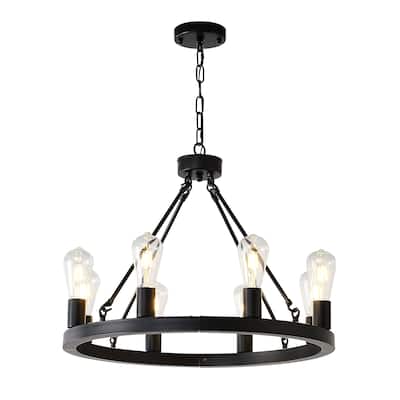 8-Light Matte Black Wagon, Wheel Chandelier Farmhouse, Modern Small Round Chandelier, for Living, Room