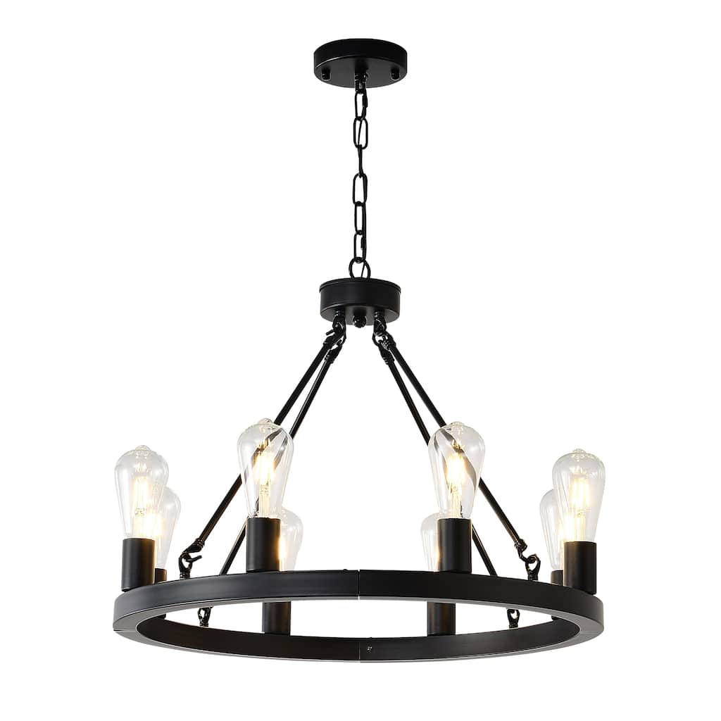 Farmhouse Style Small Round Ceiling Light 8-Lamp Wagon Wheel Chandelier, for Kitchen Island, Dining Room and Living Room