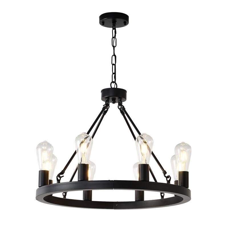 Farmhouse Style Small Round Ceiling Light 8-Lamp Wagon Wheel Chandelier, for Kitchen Island, Dining Room and Living Room - Black