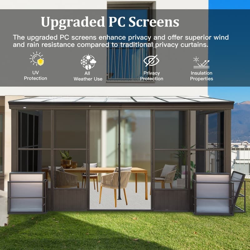 Domi Wall-Mounted Sunroom with Sloped PC Roof and Lockable Sliding Doors