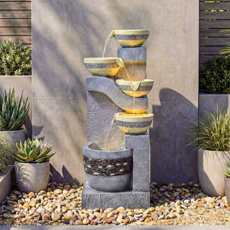 Stone-Texture Weather Resistant Garden Polyresin 3-Tier Cascading Waterfall Fountain