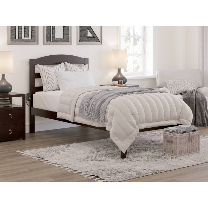 Twin XL Platform Bed - Solid Wood Espresso Finish, Minimalist Design with Headboard & Charging Station