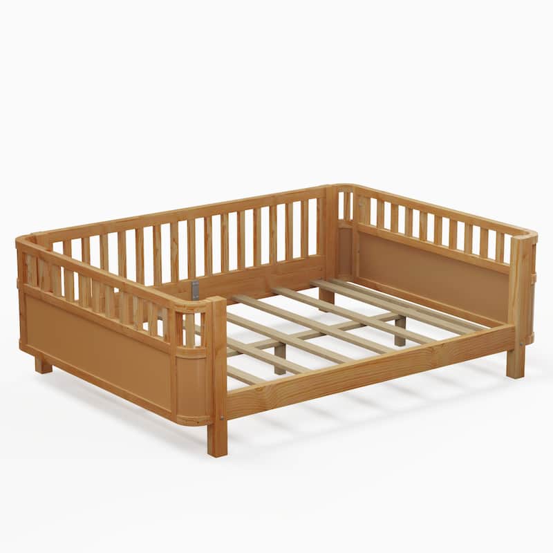 Full Size Wood Platform Bed with Rails for Kids