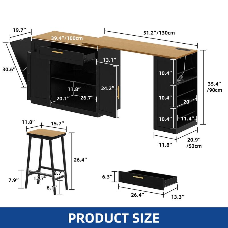 Moasis Rolling Kitchen Islands Cart with Extendable Dining Table and 2 Stool & Trash Cabinet