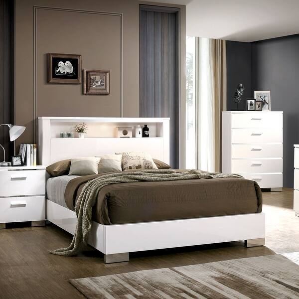 Carbon Loft Champs White Wood Panel Bed with LED Storage Headboard - 23570189