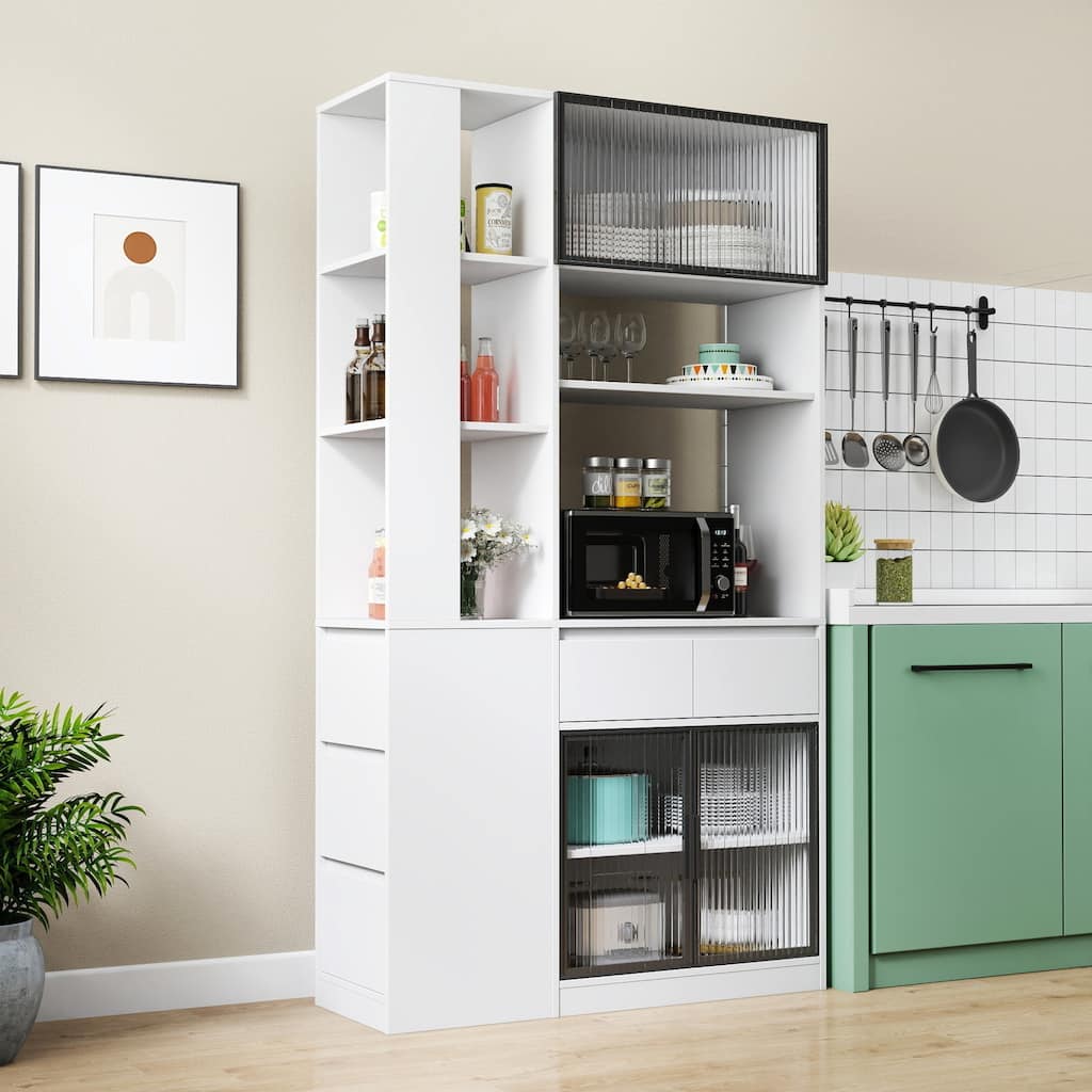 Roomfitters 70.87" Kitchen Pantry Storage Cabinet Tall Bakers Rack with Side Drawers Fluted Glass Door Microwave Hutch, White