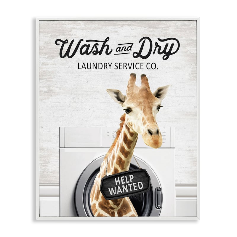 Stupell Wash & Dry Laundry Giraffe Framed Giclee Art Design By Lettered and Lined - 24 x 30 - White