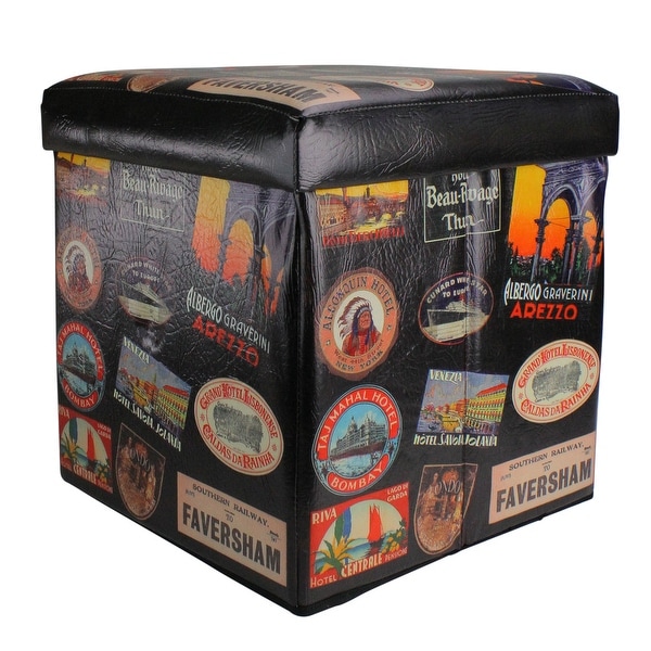 15" Decorative Brown Travel Stickers Collapsible Wooden Storage Ottoman