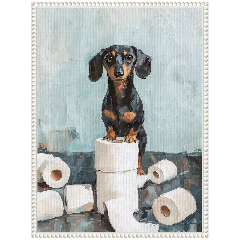 Kate and Laurel Sylvie Cute Dachshund Dog Toilet Paper Rolls Blue Teal Bathroom Art Framed Canvas by The Creative Bunch Studio