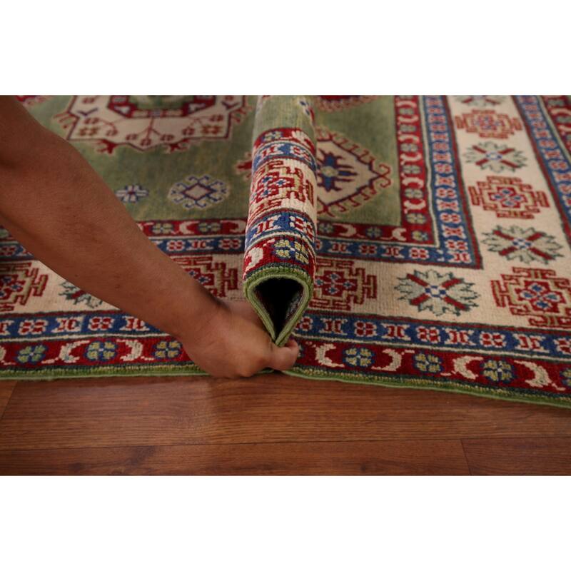 Green Geometric Kazak Area Rug Hand-Knotted Wool Carpet - 4'10" x 6'8"