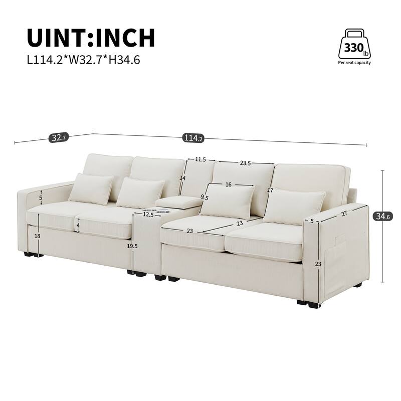 Modern 4-Seat Sofa with Storage Console, 2 Cupholders & USB Charging