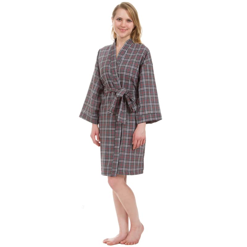 Leisureland Women's Knee Length Grey Plaid Robe