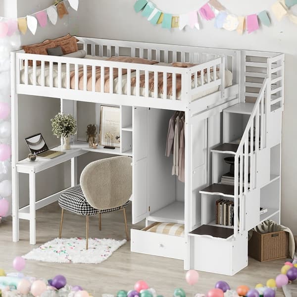 slide 2 of 9, Twin Size Loft Bed With Bookshelf,Drawers,Desk And Wardrobe for Home White