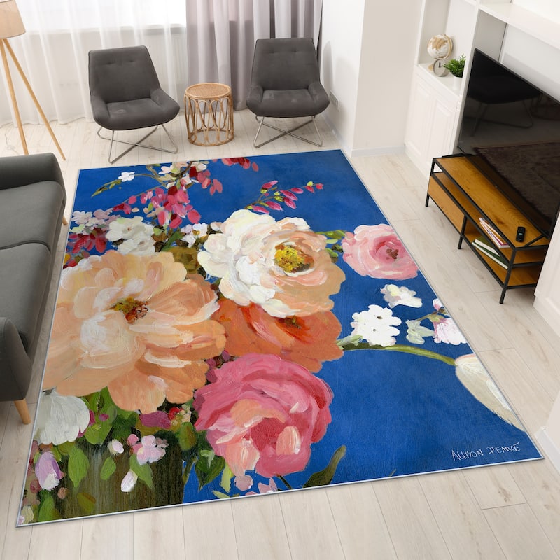 Midnight Flowers I, Hand Washable Art Area Rug, power-loomed, 100% polyester, 2mm pile, non-slip back
