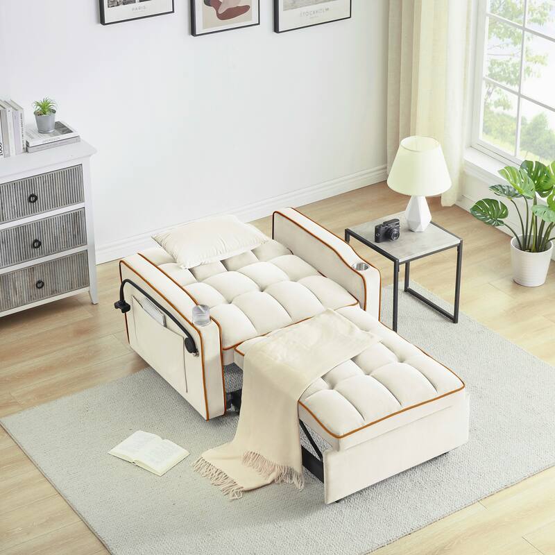 Single Velvet Pull-out Sofa Bed with Adjustable Back and Swivel Phone Stand