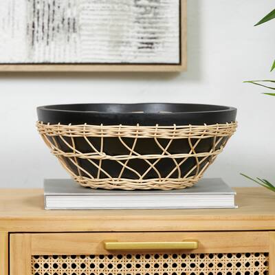 Black Mango Wood Handmade Decorative Bowl with Woven Rope Accents