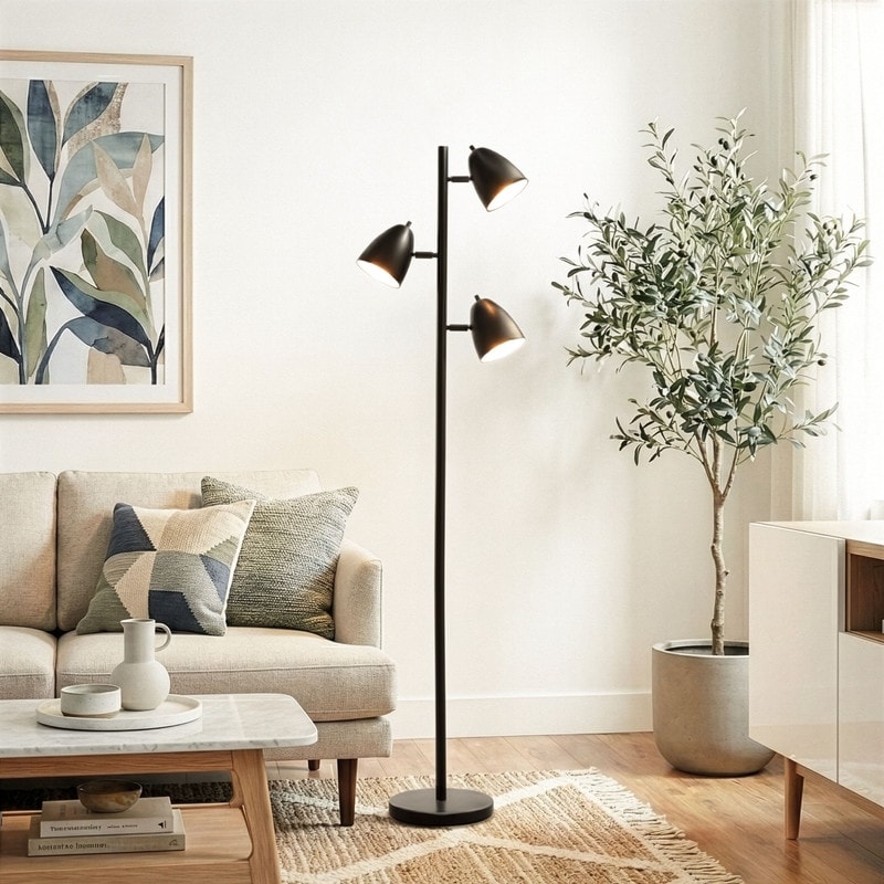 Brightech Jacob 64 in. Classic Black Mid-Century Modern 3-Light Adjustable LED Floor Lamp with 3 Black Metal Cone Shades